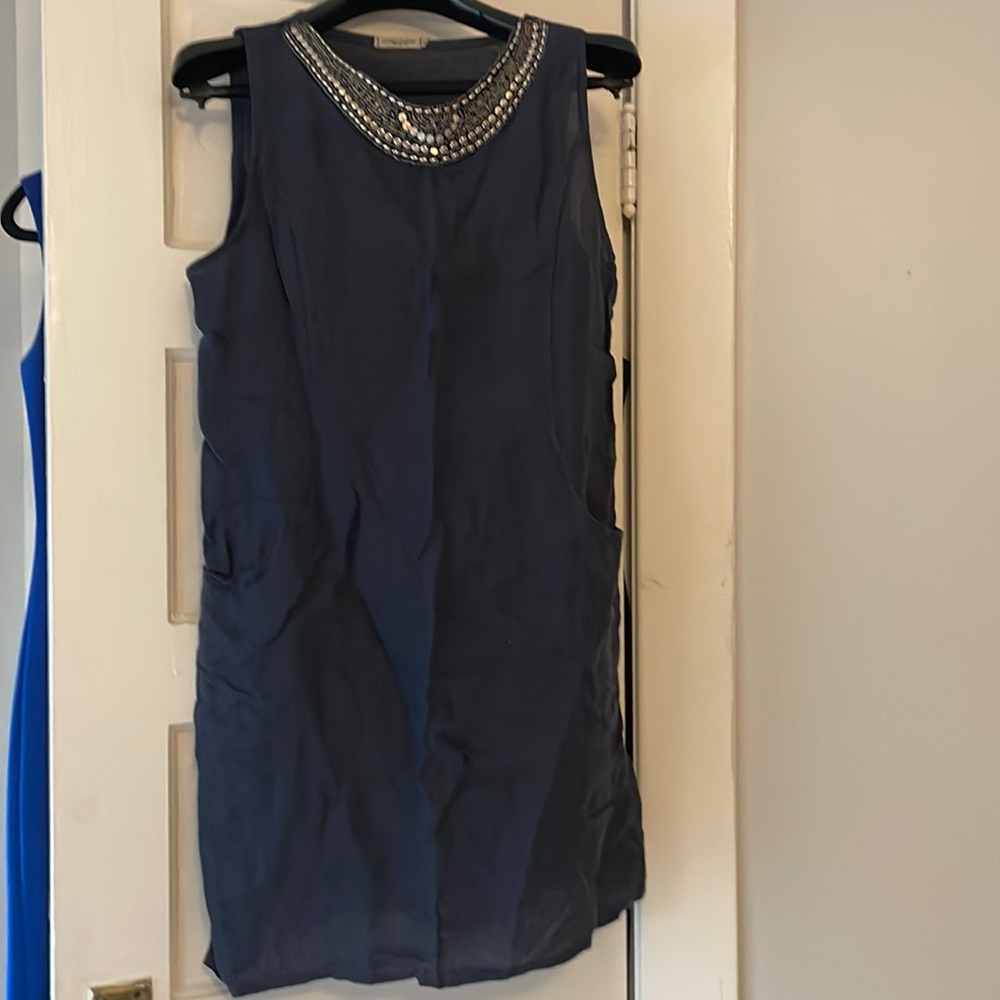 Navy linen sundress with neck detail